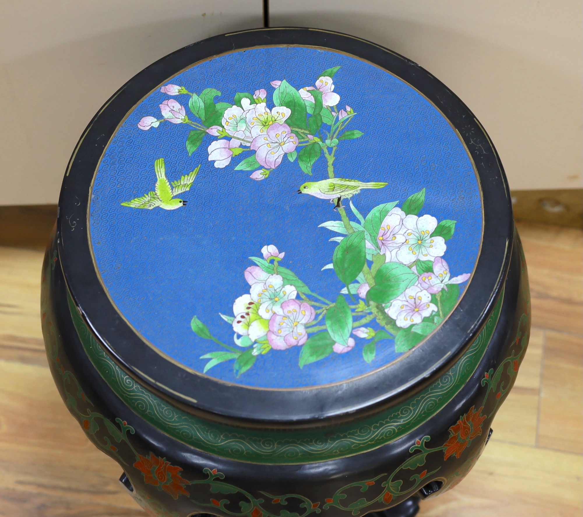 A Chinese lacquer and cloisonné enamel mounted stand, 54cm tall